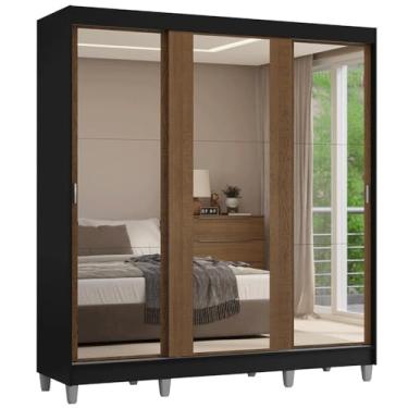 Imagem de Guarda-roupa Casal com Pés 3 Portas de Correr de Espelho Preto/rustic Reno Madesa
