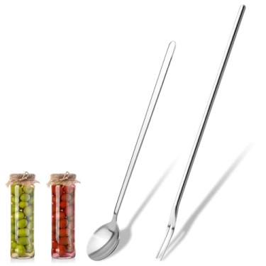 Imagem de Conjunto de 2 ferramentas de garfo para picles, colher de 19 cm e garfo de picles de 21 cm com cabo longo, conjunto de colheres e garfos de aço inoxidável para o pote de azeitonas, picles, cebola
