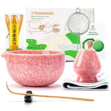 Imagem de TEANAGOO Conjunto de batedor Matcha, conjunto de 7 peças Matcha rosa, kit de cerimônia matcha, conjunto de chá matcha para fazer latte, tigela de cerâmica (chawan) com bico e batedeiro, presente para