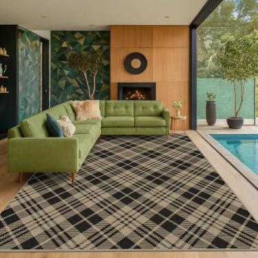 Imagem de JTJ Tapetes vintage xadrez de juta fácil para quarto 20 x 25 cm - Tapete de tecido com padrão de diamante para área interna, sala de estar, sala de jantar, lavável de pelo baixo, preto e branco