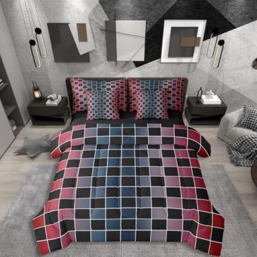 Imagem de Erosebridal Jogo de cama de casal xadrez preto em uma bolsa, conjunto de edredom com 7 peças, vermelho, cinza, azul, quadriculado, buffalo, xadrez para crianças e adultos, conjunto de cama de guingão