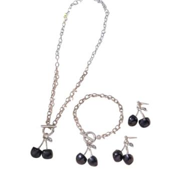Imagem de DATOA Colar com pingente de cereja doce conjunto de brincos 3D de frutas fofas pulseira criativa fruta vermelha cereja gargantilha colar joias modernas para mulheres, Metal, Sem Pedra Preciosa