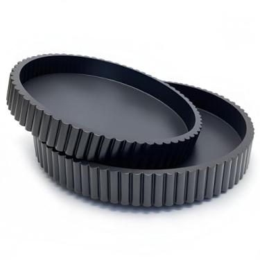 Imagem de Bandejas decorativas redondas de mesa moderna, 2 peças, decoração de casa, conjunto de centro de mesa de centro circular, 30,5 cm/25,4 cm - Bandeja de concreto preta com borda canelada