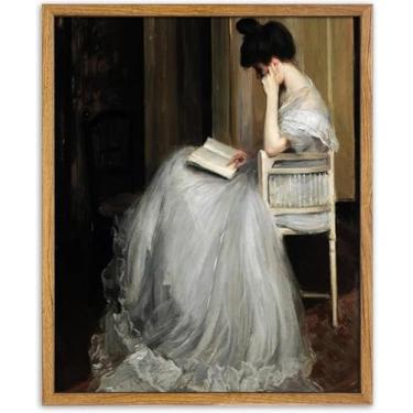 Imagem de UPWOIGH Arte de parede emoldurada grande de 40,6 x 61 cm, Jacques Émile Blanche A leitora mulher lendo tela de pintura a óleo, impressão de retrato vitoriano vintage, decoração rústica de fazenda para
