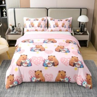 Imagem de Erosebridal Lindo jogo de cama solteiro capivara, capa de edredom Axolotl 100% algodão para crianças, meninas, capivara alimentando macarrão a salamandras rosa, roupa de cama de bolinhas com coração