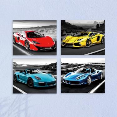 Imagem de 4 peças Fantástica Decoração de Parede de Carro Sem Moldura Colorida Pintura Supercarro Poster Arte para Paredes, Carro de Corrida Garagem Decoração de Parede Impressões Modernas para Quarto de