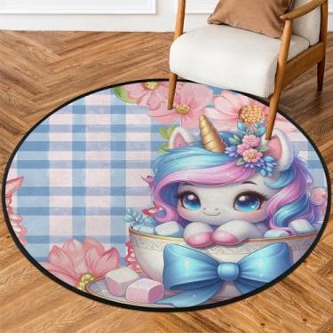 Imagem de Tapete redondo de 1,5 m, unicórnio, fofo, macio, circular, antiderrapante, lavável, tapete de porta para quarto, berçário, sala de estar, cozinha, banheiro, entrada, decoração de casa