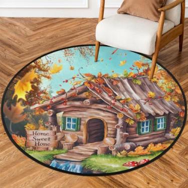 Imagem de Tapete redondo pequeno de 1,5 m de madeira, paisagem de outono, tapete circular antiderrapante, lavável, tapete de porta circular para quarto, sala de estar, berçário, cozinha, banheiro, entrada