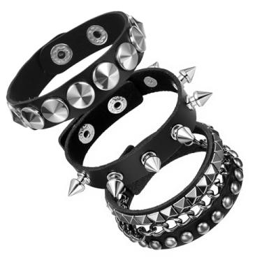 Imagem de Ptwola Conjunto de 3 pulseiras de couro punk rock cravejadas dos anos 80 góticas com pontas, pulseiras de joias de couro punk retrô ajustáveis para mulheres e homens roupas de roqueiro