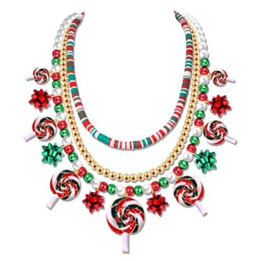 Imagem de HSWE Colar em camadas de Natal para mulheres, contas de argila douradas vermelhas e verdes, árvore de Natal, floco de neve, bengala doce, pirulito, boneco de neve, pingente de rena, colar gargantilha