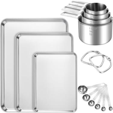 Imagem de Afarnook O conjunto de assadeiras de aço inoxidável com 13 peças inclui 3 formas de assadeira de 2,5 cm (9/12/40.6 cm), 4 copos medidores e 6 colheres de medição, duráveis, fáceis de limpar