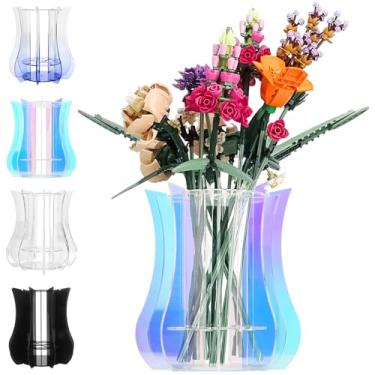Imagem de Vaso de acrílico para flores Lego – suporte resistente para montar buquê de flores Lego, coleção botânica, rosas e orquídeas | Design de arranjo de 32 hastes (multicolorido)
