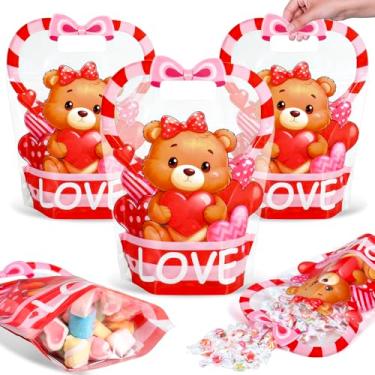 Imagem de FYSUIMU 50 unidades de sacos de doces de dia dos namorados com alças de plástico com fecho de zíper bolsas de petisco, amor, coração, urso, resseláveis, sacolas para lembrancinhas de aniversário