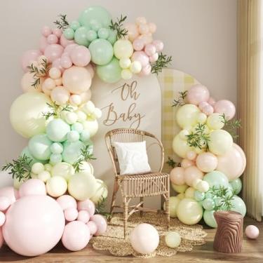 Imagem de Kit de arco de balão rosa verde amarelo 124 peças kit de guirlanda de arco de balão rosa e amarelo rosa claro verde macaron amarelo pêssego para chá de bebê, revelação de gênero, chá de panela