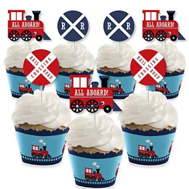 Imagem de Big Dot of Happiness Railroad Party Crossing – Decoração de cupcake – Kit de envoltório de festa de aniversário ou chá de bebê – Conjunto de 24