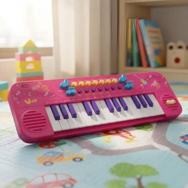 Imagem de Teclado Musical Infantil com Microfone, Piano Eletrônico, Brinquedo Educativo, Múltiplos Sons e Ritmos, Rosa e Azul (Rosa)