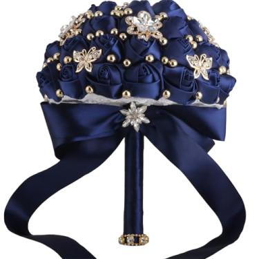 Imagem de TUAGYMKR Buquê de casamento para noiva, dama de honra, casamento, quinze anos, ramo de flores de rosas artificiais com broche brilhante (nº 66, azul-marinho, mini (diâmetro 6,3"/16 cm))