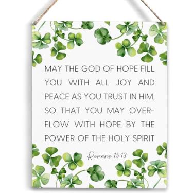Imagem de YCYD Letreiro de madeira para pendurar Romanos 15:13 do Dia de São Patrício, decoração de casa cristã para escritório, sala de estar, arte inspiradora, placa de madeira, decoração de parede 25 x 20 cm