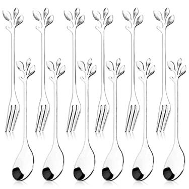 Imagem de 12 peças de aço inoxidável, folha dourada, colher de café e bolo, garfos de frutas, acessório de cozinha, festa de casamento para sobremesa, salada, aperitivo, colher e garfo (6 garfos + 6 colheres