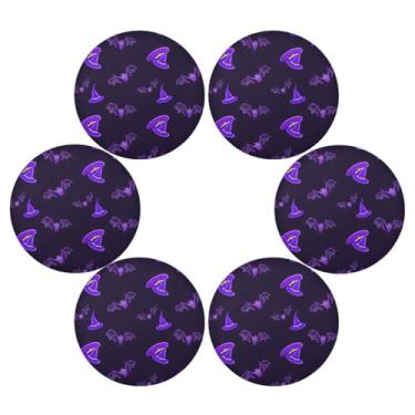 Imagem de Wassud Jogo americano conjunto de 6 chapéus de bruxa e morcegos tapetes de mesa redondos para cozinha e jantar tapetes laváveis resistentes ao calor decoração de mesa 39 cm