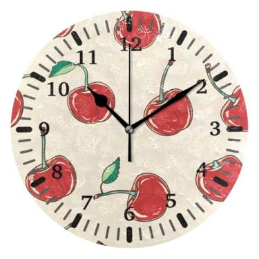 Imagem de CEBUGI 1 relógio de parede vermelho cereja 1 relógio redondo operado por bateria relógios de parede silenciosos sem tique-taque para cozinha, banheiro, quarto, escritório, decoração 25,4 cm