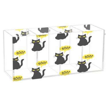Imagem de CEBUGI Porta-lápis de acrílico com 4 compartimentos, organizador de lápis, preto, para gatos de Halloween, para casa, escritório, mesa de armazenamento