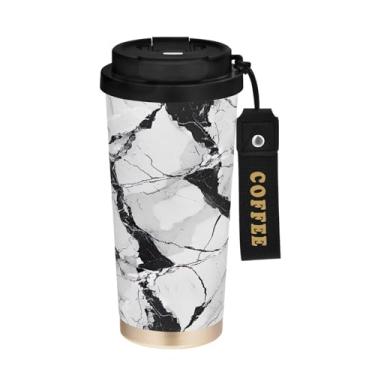 Imagem de YETTASBIN Caneca de café de mármore com isolamento térmico de 482 g com tampa canudo, copo à prova de derramamento e vazamento com alça para bebida quente e fria, garrafa de água de aço inoxidável