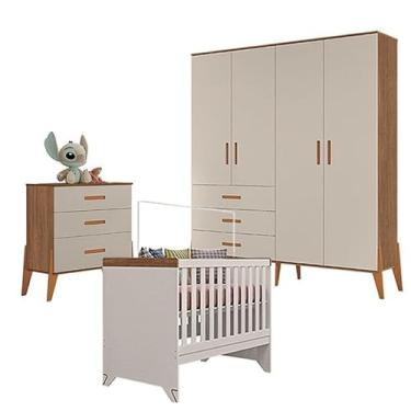 Imagem de Quarto de Bebê Gaveteiro Emilly 4P com Berço Americano Retro Maya Off White Carvalho - Canaã