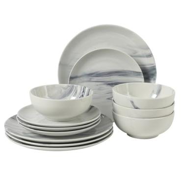 Imagem de Gibson Home Cloudlight 12 peças pratos e tigelas pratos azul e branco - conjunto de louça de cerâmica decorado de porcelana - serviço para 4