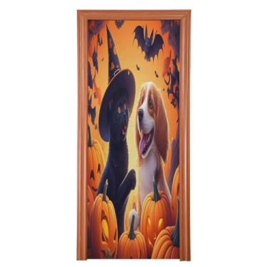 Imagem de Qilmy Decoração de capa de porta 89 x 200 cm tecido grande placa de decoração de festa de Halloween para porta da frente Halloween gato e cachorro varanda decoração externa janela parede 143