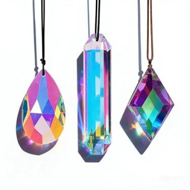 Imagem de Prisma apanhador de sol arco-íris – Pingente refrator de luz de cristal com cordão colorido para janela, jardim, decoração de casa e animais de estimação para meninos e meninas (3, faixa longa de 120