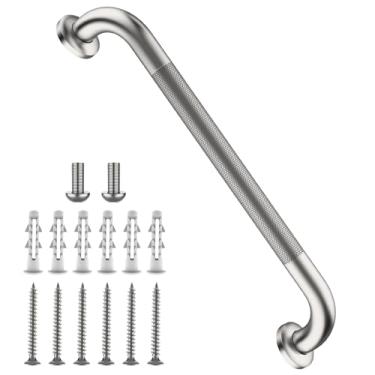 Imagem de Barra de apoio para chuveiro de 40,6 cm, barra de apoio iHansee de níquel escovado para banheiro com aderência serrilhada antiderrapante, barras de segurança de banho de aço inoxidável com suporte