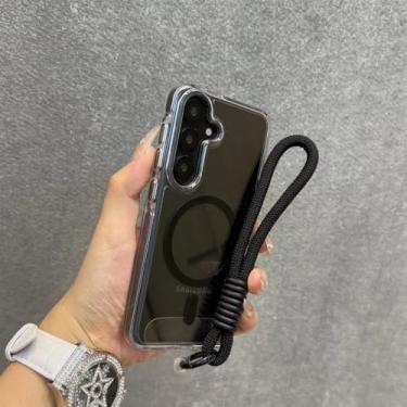 Imagem de Capa transparente com alça de pulso magnética para carregamento, compatível com Samsung A56, A36, A25, A05, A15 e Galaxy S24 Ultra e S25 Plus. Cor: Preto GS. Também compatível com Galaxy A26 5G.