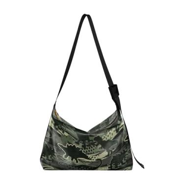 Imagem de Linda bolsa Hobo de couro com desenho animado de crocodilo para mulheres bolsa grande com estampa animal bolsa de ombro feminina, Estampa de dinossauro camuflada preta e verde
