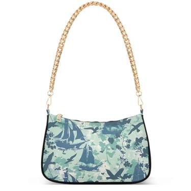 Imagem de Bolsas femininas de inverno com pintura de trem da vila fofas pequenas bolsas femininas bolsas femininas com corrente de ombro bolsas de ombro festa, Vela verde azul náutica