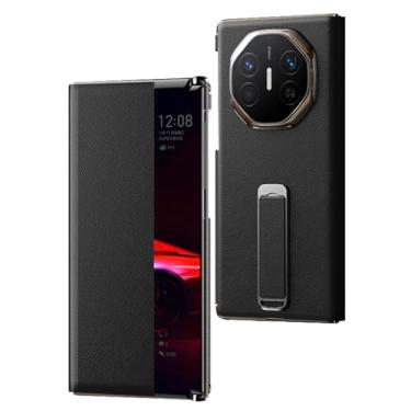 Imagem de FWYANZH Capa flip de couro para Huawei Mate XT/Xts, capa magnética com vista de janela inteligente, alça de mão, suporte ajustável, suporte de luxo, capa de couro bovino, preta, Mate XTs