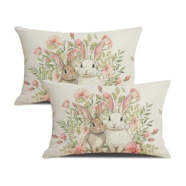 Imagem de yeshttdy Capas de almofada de flor rosa primavera Páscoa 30,5 x 50,8 cm conjunto de 2 capas de almofada decorativas coelho capa de almofada decoração de primavera para sofá sofá quarto