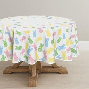 Imagem de Horaldaily Toalha de mesa redonda de Páscoa, 152 x 152 cm, colorida, em forma de coelho, lavável, para decoração de festa, piquenique, jantar