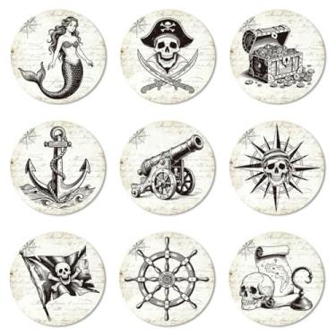 Imagem de ANATTASOUL Conjunto de 9 porta-copos de madeira coloridos de elementos piratas, presente de inauguração de casa redonda a granel para casa nova, proteção de mesa de centro decorativa de 9,9 cm para