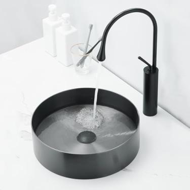 Imagem de Pia de vaso redonda, pia de banheiro, tigela de banheiro acima do balcão, lavatório de arte de bancada para banheiro, material de aço inoxidável, para casa, hotel, decoração de escritório (preto)