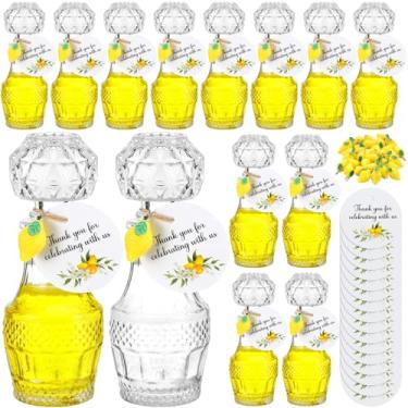 Imagem de Chuangdi 16 conjuntos de mini garrafas de vidro Limoncello Lembranças de festa de limão 50 ml garrafas vazias de limoncello com tampas, mini pingentes de limão, etiquetas para cerveja caseira