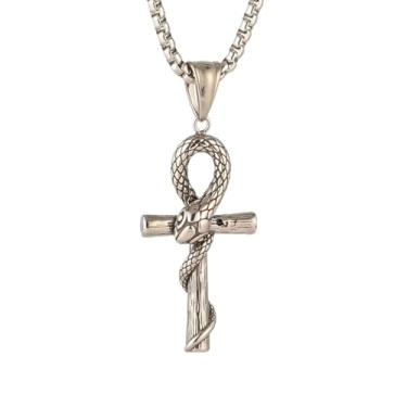 Imagem de Colar masculino e feminino gótico punk hip hop rock animal em forma de cobra com pingente de cruz, aço inoxidável 316L, corrente de pérola quadrada de aço inoxidável prata, joia vintage, Standard, Aço