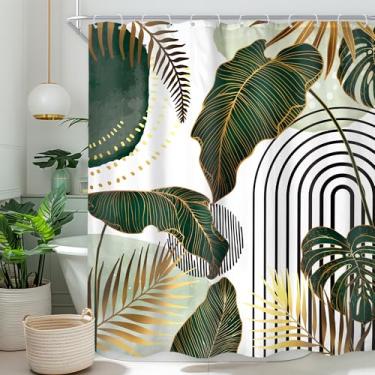 Imagem de Cinbloo Cortina de chuveiro verde Boho 54Wx78H tenda única pé abstrato moderno meados do século ouro tropical folha de palmeira planta minimalista neutra conjunto de cortina de banheiro simples
