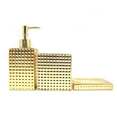 Imagem de Kit de Banheiro Cerâmica 3 Peças Porta Sabonete Líquido/Saboneteira/Porta Escova, Ideal for Home & Small Living Spaces(395C-DOURADO)