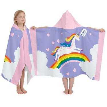 Imagem de Toalha de praia infantil com capuz 100% algodão, tamanho grande 127 x 76 cm com 2 botões, poncho de banho macio e absorvente para banheiro, piscina, natação (unicórnio arco-íris)