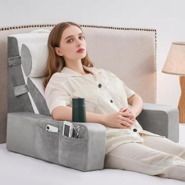 Imagem de 5 almofadas de leitura para adultos sentados na cama – Travesseiro de costas para cama sentado com braços, bolsos e suporte de copo, travesseiro de encosto sentado para cama e cadeira, travesseiros de