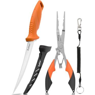 Imagem de pullther fishing Kit de ferramentas de pesca de 2 peças – faca de filete de 18 cm, alicate de pesca de 20 cm, removedor de gancho multiferramentas, equipamento de pesca para água salgada e doce