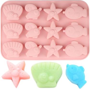 Imagem de EPYHREHM 12 moldes de chocolate de silicone para estrela-do-mar concha de peixe com tema marinho para geleia de doces de chocolate