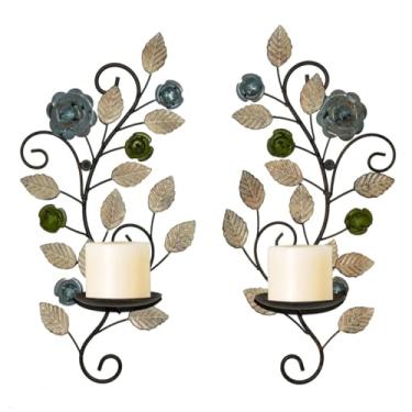 Imagem de Conjunto de 2 suportes de vela de parede de metal, suporte de vela rústico de folhas e ramo de flores, decoração de parede para sala de estar, casa de fazenda, lareira de casamento