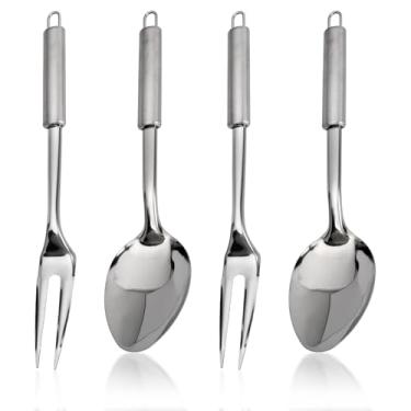 Imagem de Conjunto de 4 utensílios de aço inoxidável, utensílios de cozinha de aço inoxidável com furos, 2 colheres sólidas e 2 garfos de carne, colher sólida de metal de 33 cm